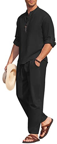 COOFANDY 2-teiliges Herren-Set aus Baumwoll-Leinen, langärmelig, Henley-Shirt, lässige Strandhose mit Taschen, Sommer-Yoga-Outfits, Schwarz, Medium