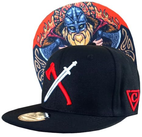 Capiche [99+ Designs] Schwarzer Snapback Hut für Männer, The Viking RW, Kappe Herren, Herren Cap, Kinder Basecap, Vikinger, Wikinger Kappe, Nordische Krieger, Axt und Schwert, LARP