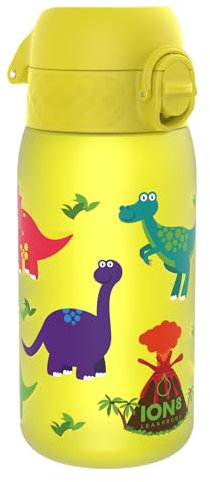 Ion8 Gourde Enfant, 350ml, Anti-Fuite, Facile à Ouvrir, Verrouillage Sécurisé, Lavable en Lave-Vaisselle, Sans BPA, Poignée de Transport, Facile à Nettoyer, Carbone Neutre, Motif Dinosaures