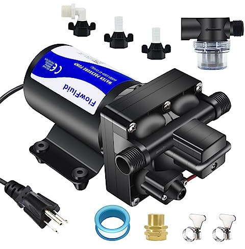 FlowFluid Water Pressure Booster Self Priming Transfer Pump 75PSI 5.5GPM RV Diaphragm Pump 110V with Filter for Liquid Transfer for Irrigation Marine Boat Sprinkler Faucet