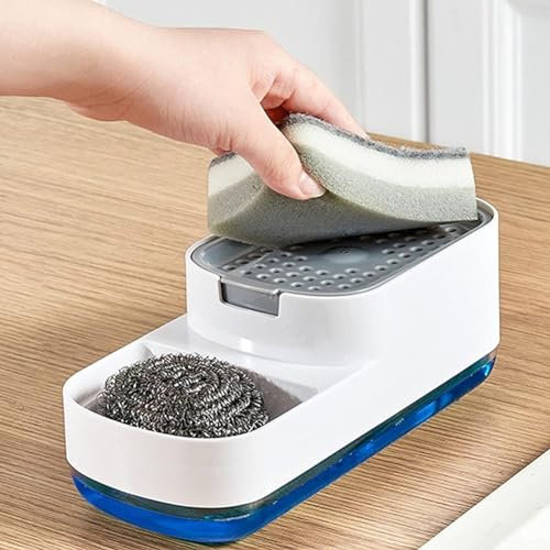 DAZZLEEX Dispenser di sapone liquido 2 in 1, porta spugna da cucina, a pressione, in plastica, per lavello della cucina (bianco)