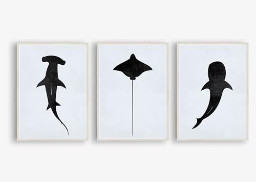 Din A4 Kunstdruck ohne Rahmen 3er Set - Rochen Hammerhai Walhai Hai - Modern Maritim Grafik - Bild Poster Druck