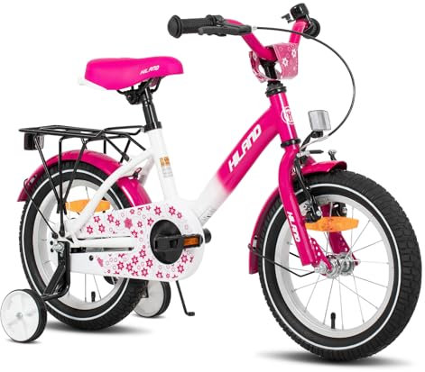 HILAND Rosa 16 Zoll Kinderfahrrad für Mädchen 4,5,6 Jahre mit Stützräder Handbremse Rücktrittbremse Gepäckträger