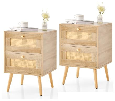 RELAX4LIFE Nachttisch Holz, Nachtschrank mit 2 Rattan-Schubladen, Nachtkommode 40 x 40 x 59 cm, Beistelltisch für Wohnzimmer, Schlafzimmer (2 Stück)