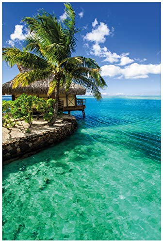 Wallario selbstklebendes Poster - Karibisches Meer Einsame Hütte unter Palmen, Aufkleber in Premiumqualität, Klebefolie Größe: 61 x 91,5 cm (Maxiposter)
