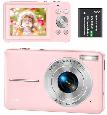 Digital Camera 1080P 44MP Compact Digital Camera 16X Digital Zoom with 2.4 LCD Screen, Point and Shoot Digital Camera Vlogging Camera for Kids, Teenagers, Beginners, Boys, Girls(Pink)