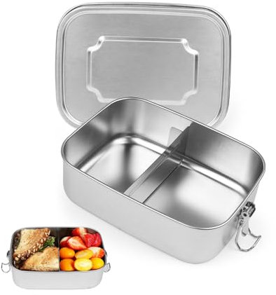 ROYUEXT Brotdose Edelstahl mit 2 Fächern, Brotdose mit verschiebbarem Teiler, 800ml auslaufsichere Brotdose aus Metall für Erwachsene Kinder