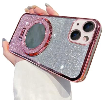 IMEIKONST Case Compatible with iPhone 13, Electroplate Gradient Glitter Makeup Mirror Ring Kickstand Lens Protection Shockproof Bumper Cover for iPhone 13. Rose Gold DSJ