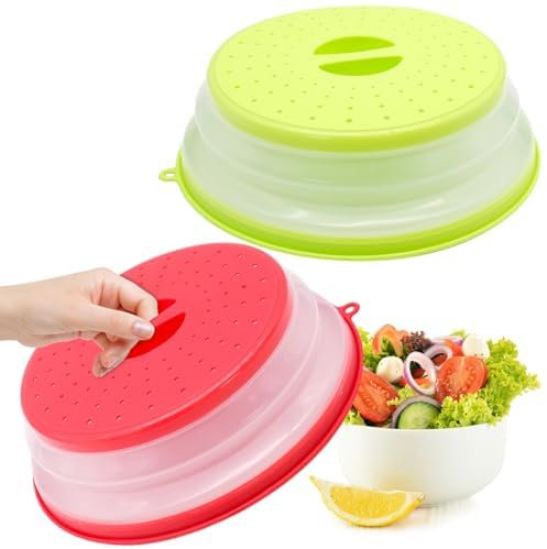 FORYNXHWIN 2Pack Collapsible Microwave Food Covers, 10.5 Round Food Splash Guards with Handles BPA Free, Multi-Use Kitchen Lids for Fruits, Vegetables & Meal Prep (Red + Green)