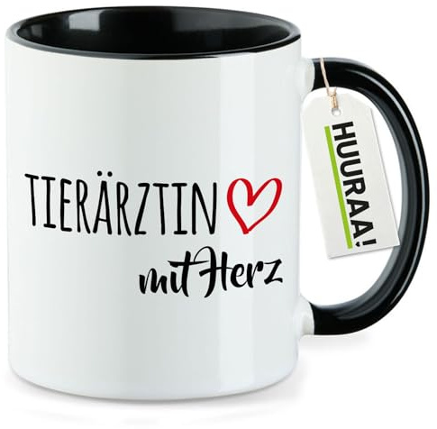Huuraa Kaffeetasse Tierärztin mit Herz Geschenk | Motivtasse 330ml Schwarz Keramik Tasse mit Spruch Kaffeebecher Geschenkidee Becher mit Motiv