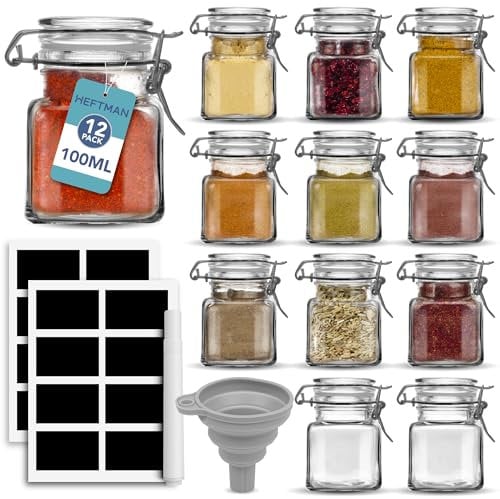 HEFTMAN Clip Top Glass Jars - 12 x 100ml Empty Small Spice Jars with Lids and Labels & Funnel, Airtight Seal - Perfect for Herbs, Spices, Seasoning, Oils, Décor, Jams, Spices Rack, Kitchen Storage