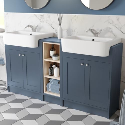 BAYSTONE® 1540mm Bathroom Double Vanity Unit Semi-Recessed Basin Sink Shelf Unit Storage Cabinet Cupboard Freestanding, Wash Basins, Matt Blue
