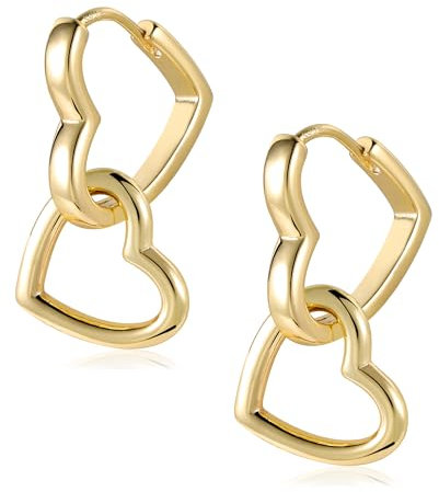ALEXCRAFT 14k Goldplated Heart Dangle Drop Earring, 925 Sterling Silver Double Hoop Earring - Small, Lightweight, Elegant Gold Heart Cartilage Huggie Hoop Earring for Women