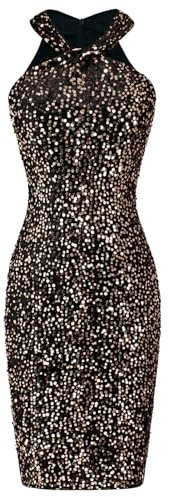 GRACE KARIN Damen Glitzer Kleid Knielang Pailletten Kleid Neckholder Festlich Cocktailkleid Partykleid Schwarzes Roségold L