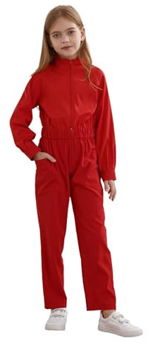 CHICTRY Kids Girls Mechanic Costume Boiler Suit Coverall Flight Suit Jumpsuit Overall Workwear for Halloween Cosplay Party Red 9-10 Years