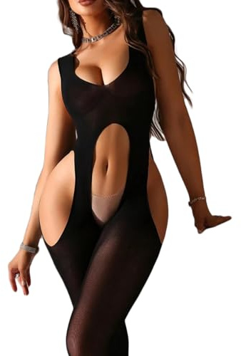 Women’s Suspender Garter Sexy Cutout Bodystocking Lingerie Sheer Scoop Neck Suspenders Tank Style Shoulder Straps Outfit Body-stocking One Piece Bodysuit Black Hollow-Out Tights for UK 6-14