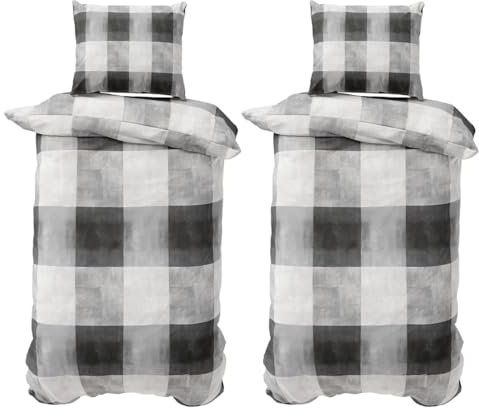 Visaggio Biber Bettwäsche 135x200 cm 4teilig Winter flauschig Feinbiber Bettbezug Schlafzimmer Set kariert Grau Weiss