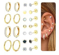 CASSIECA 11 Paar Ohrringe Gold Set, 316L Chirurgenstahl Ohrringe für Damen Herren Medizinische Ohrstecker und Creolen für Mehrfachpiercing 14K Vergoldet Helix Tragus Piercing Ohr Gold