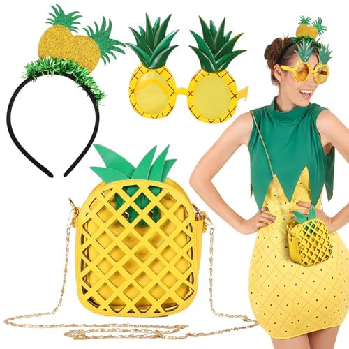 BOFUNX Haarreif mit Ananas + Ananas Brille + Ananas Umhängetasche, Ananas Kostüm Accessoires für Fasching Karneval Hawaii Sommer Mottoparty