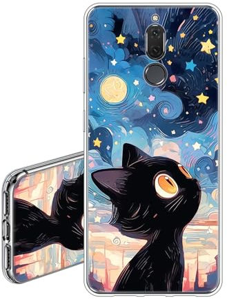 JEZSTHAI Custodia Compatibile con Huawei Mate 10 Lite Cover Trasparente in Silicone Con Design Grafico,Ultra Sottile Antiurto Antigraffio Morbida TPU Protettiva Case,Gatto