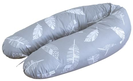 LOOLAY Schwangerschaftskissen - Stillkissen 190 cm - Seitenschläferkissen 100% Baumwolle - mit Abnehmbarem Bezug - Schwanger Kissen für Schlafen (Feder Grau)