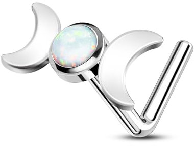 CM Crareesi Mania Nose Stud L Shape Piercing Nose Gioielli 20 G/0,8 mm Double-Moon & Opal Nose Studs 316 L Acciaio Inox Argento Anello Naso Nostril Piercing Gioielli per Donna