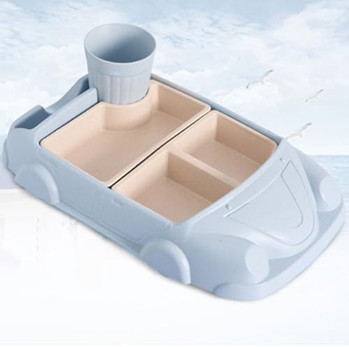 Kinder-Esszimmer-Set in Auto-Form, Auto-Dinner-Tablett mit separaten Tellern, Besteck und Wasserbecher für Jungen und Mädchen, Teller-Sets aus Faser-Kunststoff für Küche und Esstisch (Hellblau)