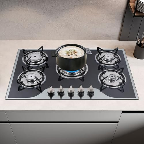 Gas Hob 5 Burners Built-in Stove 2in 1Cooktop Hob Cooker Electronic Pulse Lgnition LPG/NG Tempered Glass Hob for Glass, Ceramic, Iron Pots, Domestic, Commercial, Homes, Restaurants-Black, 77 x 51cm