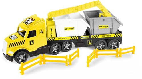 Wader 36471 - Magic Truck Tieflader mit Baucontainern, Kran, Absperrgittern und leuchtenden Scheinwerfern, Größe ca. 79 cm, für Kinder ab 3 Jahren, Geschenk für kreatives Spielen