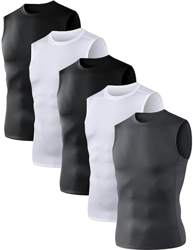 5 Pack Men's Athletic Compression Shirts Sleeveless Tank Top Base Layer Sports Workout Shirts for Basketball B L