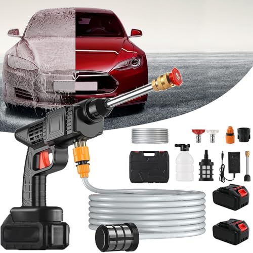 Akku Hochdruckreiniger, Mobile Akku-Hochdruckreiniger mit 2 16680VF Akku und Aufbewahrungsbox, 0-8 Meter Wassersprühabstand,für Auto, Terrasse, Garten, Teppichreinigung, Pool