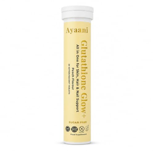 Ayaani Glow Peach Glutathione Effervescent Tablets 500mg + Vitamin C 500mg | Liposomal 7-in-1 beauty drink with reduced glutathione, HA, zinc, Vit E, biotin & ALA; zero sugar, vegan; glow & radiance