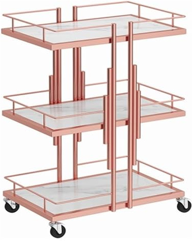 WENFEN Aufbewahrungswagen, Friseurwagen, 3-stöckiger Aufbewahrungswagen, Rollwagen, for Zuhause, Hotel, Servierwagen, Regale aus Marmorimitat(Pink)