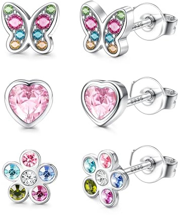 Adramata 3 Paar Ohrringe Silber 925 Mädchen Damen Hypoallergene Ohrring Kleine Stern Herz Blumen Schmetterling Ohrring Ohrstecker Silber 925 Kinder Ohrringe für Mädchen