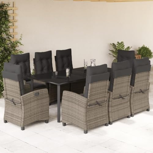 Tonture 9-TLG. Garten-Essgruppe mit Kissen, Grau Poly Rattan, verstellbare Sessel, Glastisch, für Terrasse, Balkon, Außenbereich