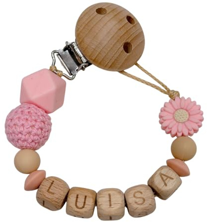 Glücksperle Schnullerband mit Namen für Mädchen & Jungen personalisierte Baby Geschenke Blume Natur (Rosa)
