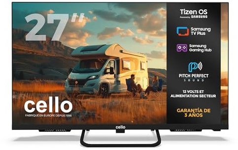 Cello CTRAV-27TZ TV Traveller Smart 12V da 27 con Tizen OS di Samsung, ricezione satellitare, Gaming Hub, altoparlanti Pitch Perfect, Bluetooth, ideale per camper e barche, triplo sintonizzatore
