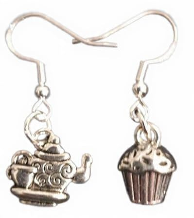 Royal Swan Mismatched, Antique Silver Teapot with Cup & Saucer and Iced Bun Dangle Earrings on Hallmarked Sterling Silver Hooks in a Velvet Gift Bag. Cup Of Tea & a Cake Food Earrings.