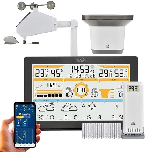 TFA Dostmann WLAN Wetterstation TFA.me ID-05 8-in-1, 35.8106, Profi-Wettervorhersage wetter.com 4 Tage, Online-Portal, inkl Wind-Regen-Temperatur-Luftfeuchtigkeit Sender (schwarz mit Batterien)