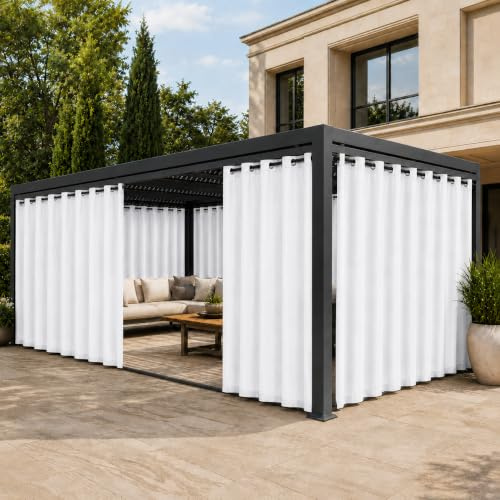 Pesonlook Outdoor Vorhang Wetterfest 2er Set, Wasserabweisende Outdoorvorhänge mit Ösen und unteren Schlaufen, Blickdicht Sonnenschutz Sichtschutz für Balkon Terrasse Pergola, B254 x H213 cm, Weiß