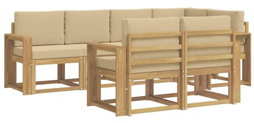 vidaXL Outdoor-Sofagarnitur mit Kissen 7 pcs Weiß und Beige Polyester, Stylisches Outdoor-Sofa-Set, Moderne Gartenmöbel, wetterfestes Akazienholz, modulares Sitzen für Terrasse und Lounge