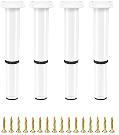 Ranji - Lot de 4 Pieds de Meuble Réglables en Acier, 25-42cm, Blanc, Pieds pour Meuble TV, Canapé, Lit, Fauteuil et Placard, Plaque de Fixation Solide, Embouts Antidérapants