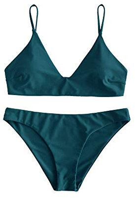 ZAFUL Gepolsterte Bikini Set, Push Up Badeanzug mit tropischem Blattmuster Hoher Bund Spaghettiträger Bademode Sommer (Einfarbig - Pfauenblau, S)