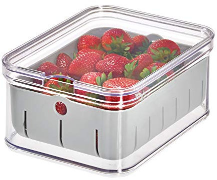 iDesign Recipiente para nevera y armarios de cocina, recipiente de plástico para guardar alimentos, fruta y verdura, caja transparente con cesta extraíble, transparente/gris