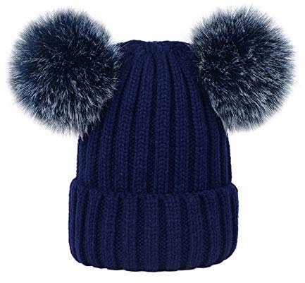 Martin Kench Damen Strickmütze mit Doppel-Fell-Bommel und Fleece Futter, Winter-Mütze, Bommelmütze (Dunkelblau,M: 36-60cm)