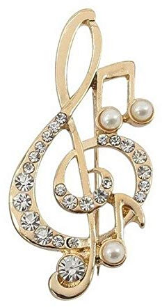 Goldfarbene Brosche mit Notenschlüssel und Perlmuttperlen, Musiknoten., Metall