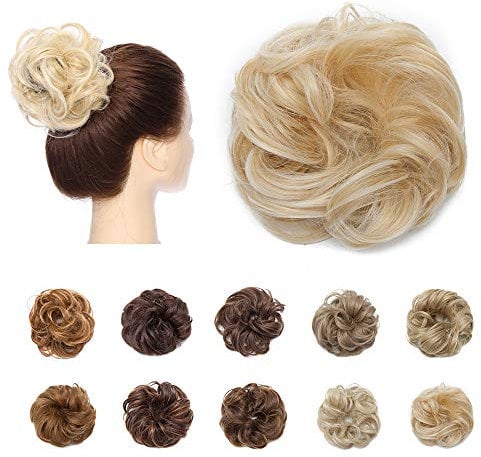 Silk-co Haarteil mit Gummiband, Dutt mit Haaren Gewellt Weich Dutt Haarteil mit Gummiband 25 g, Gelockt Haarverdickung Hair Extensions Messy Bun Hochsteckfrisuren Goldblond & Bleichblond