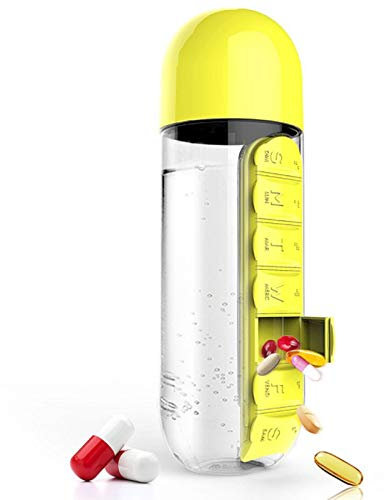 RDJSHOP Organizador de Pastilleros con Botella de Agua 600 ml, Pastilleros Portátiles 2 en 1 7 Días 1 Vez Al Día, Contenedores de Casos de Medicamentos de Viaje,Yellow