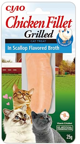 INABA Chicken Fillet Grilled, Katzen Leckerlies, Jakobsmuschel Brühe, 1x25g | Eine einzige Proteinquelle, Katzenleckerlis ohne Nebenerzeugnisse, ohne Zucker, Huhnchen-Snack für Katzen