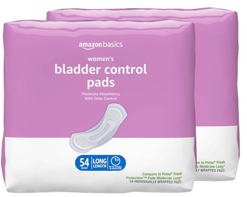 Amazon Basics Incontinence Pads for Women, Postpartum, Long, Bladder Control, Moderate Absorbency, Unscented, 108 Count (2 Packs of 54)